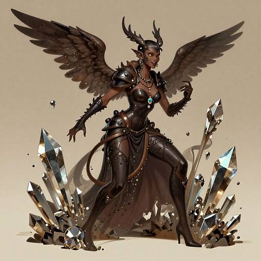 Digital illustration of a dark-skinned, winged demoness in black armor with antlers, standing amidst crystalline shards, exuding power and mystery