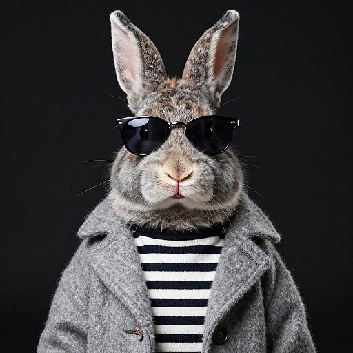 Photograph of a gray rabbit with black sunglasses, wearing a gray wool coat over a black-and-white striped shirt, against a black background.