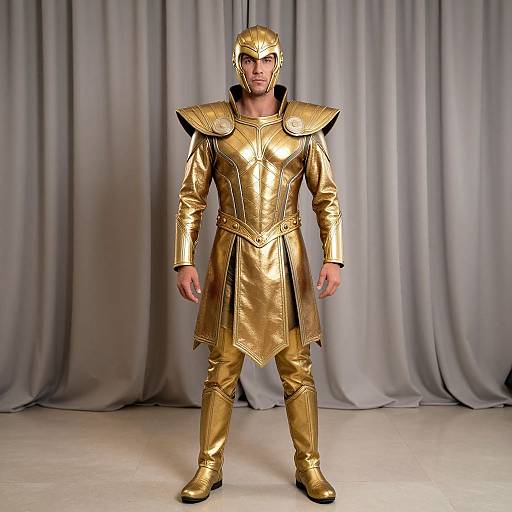 Photograph of a muscular man in shiny, gold medieval armor with a helmet, standing against gray curtains, posing confidently.