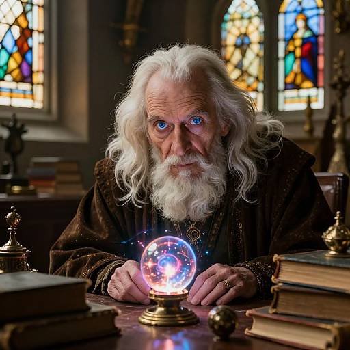 Photograph of an elderly wizard with long white hair, blue glowing eyes, and a white beard, holding a glowing crystal ball on a wooden desk in