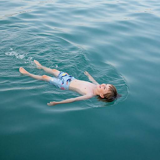 Photograph of a young boy with light skin and brown hair, floating on his back in clear blue water, wearing blue and white swim trunks,