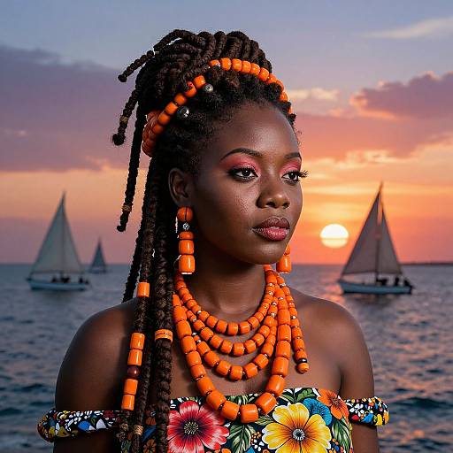 Photograph of a dark-skinned woman with orange bead hairstyles and jewelry, floral off-shoulder top, at sunset with sailing boats.