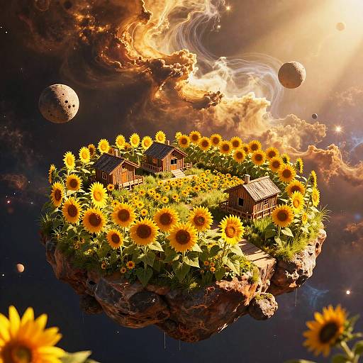 Digital artwork of a floating island covered in vibrant sunflowers and wooden houses, set against a cosmic background with planets and glowing clouds.