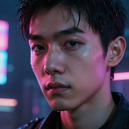 Close-up photograph of a young Asian man with wet, black hair, glistening skin, and serious expression, illuminated by neon pink and blue lights in
