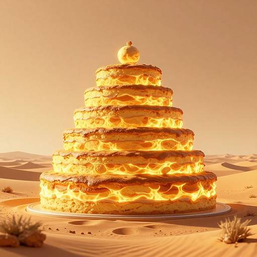 Photograph of a glowing, lava-like, multi-tiered cake with fiery, molten edges standing in a desert with orange sand and sparse vegetation.