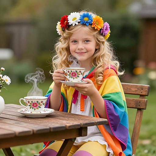 Young Girl Drinking Tea in Rainbow Cloak