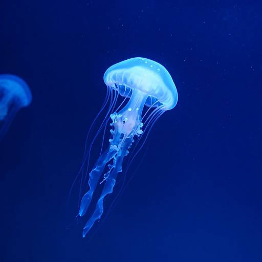 Photograph of a glowing blue jellyfish with translucent tentacles against a dark blue underwater background, highlighting its ethereal, bioluminescent appearance.