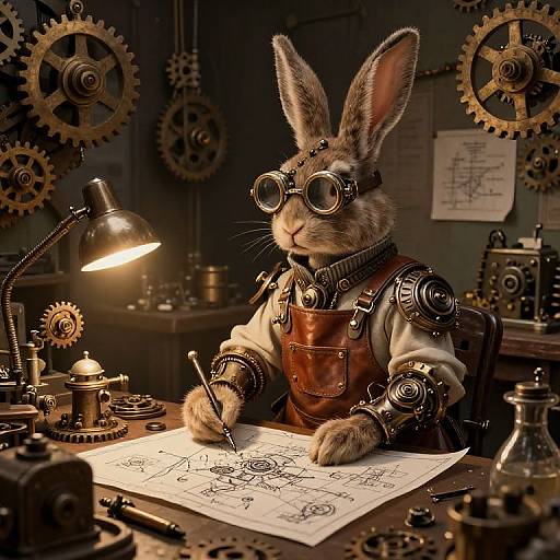 Steampunk rabbit with goggles and leather apron, drawing blueprints at a cluttered workbench, surrounded by gears and illuminated by a desk lamp