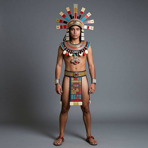 Photograph of a young man standing, wearing traditional Aztec-style headdress, necklace, and loincloth with colorful geometric patterns, against a gray