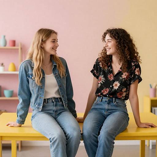 Two Young Women Sitting on Yellow Table