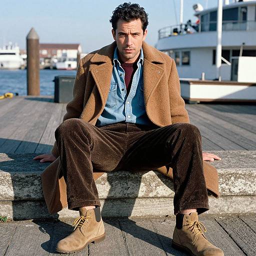 Photograph of a man with curly dark hair, brown coat, blue shirt, brown pants, and tan boots, sitting on a dock, waterfront background