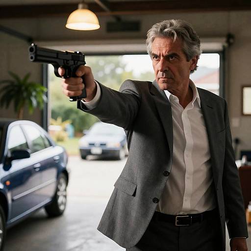 Intense Action Pose in a Garage Setting