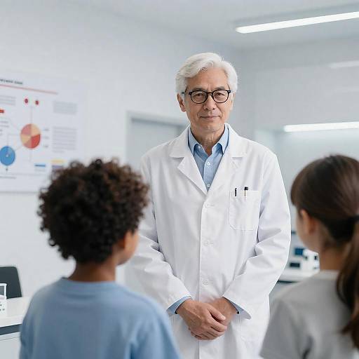 White-Haired Scientist with Two Children
