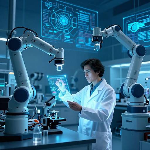 Photograph of a female scientist in a white lab coat, using a tablet in a futuristic laboratory with blue-lit robotic microscopes and holographic displays