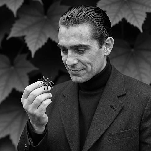 Mysterious Man with Spider in B&W