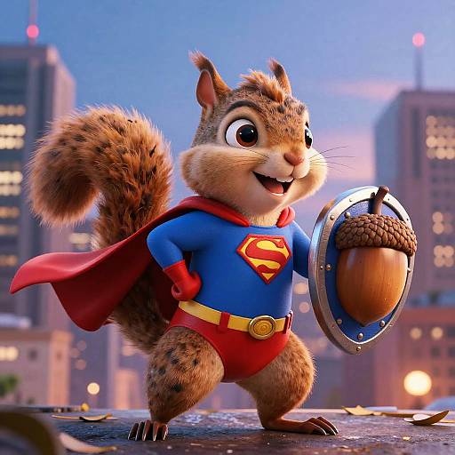 Superhero Squirrel in Cityscape