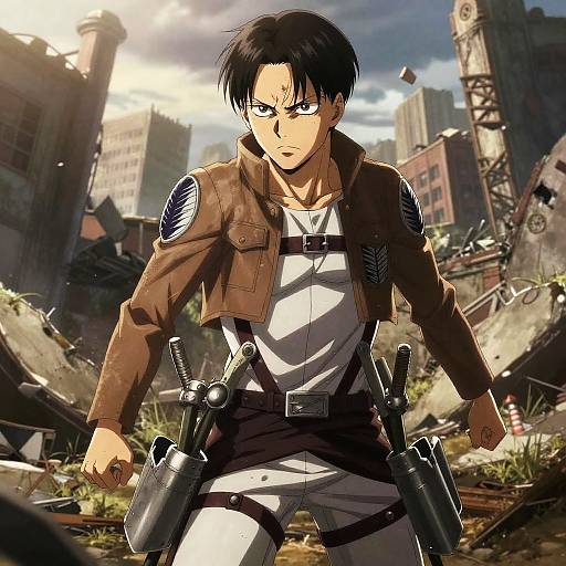 Digital anime drawing of a determined young man with black hair in a brown military jacket, standing amidst a ruined urban landscape. He has a white shirt,