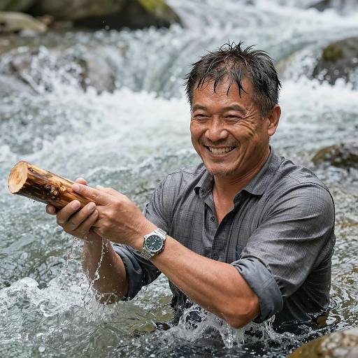 Intense Smiling Man in Raging River