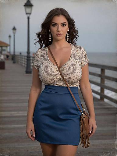 Photograph of a brunette woman with wavy hair, wearing a lace top and blue skirt, standing on a wooden pier by the sea, holding a
