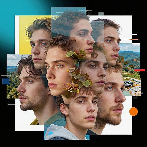 Photograph collage of six young, white men with curly brown hair, serious expressions, layered with autumn leaves and scenic background.