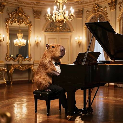 Photograph of a beaver playing a grand piano in an ornate, gold-accented ballroom with chandeliers and polished wood floors.