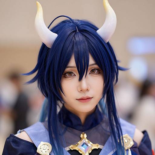 Genshin Impact Cosplay with Blue Hair and Horns