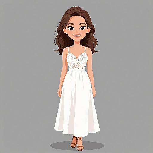 Digital illustration of a smiling woman with long brown hair, wearing a white lace-trimmed dress and brown sandals, standing against a gray background.