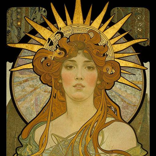 Art Nouveau-style digital illustration of a fair-skinned, red-haired woman with a radiant golden sun halo, wearing an ornate, off-should