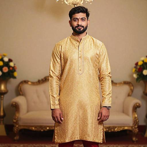 Groom in Golden Engagement Kurta