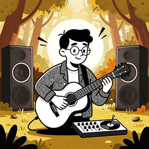 Bold Folk Guitarist in Autumn Forest