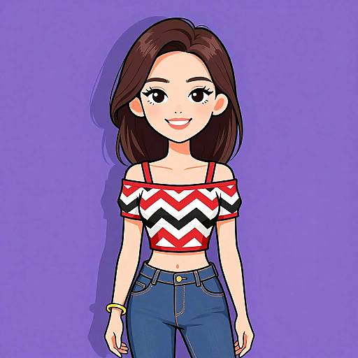 Digital anime-style drawing of a smiling young woman with brown hair, wearing a red, white, and black zigzag off-shoulder top, and
