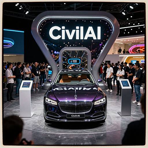 Photograph of a sleek, black Citroën DS5 Hybrid on a showroom display, surrounded by a crowd, under bright, neon-lit signage