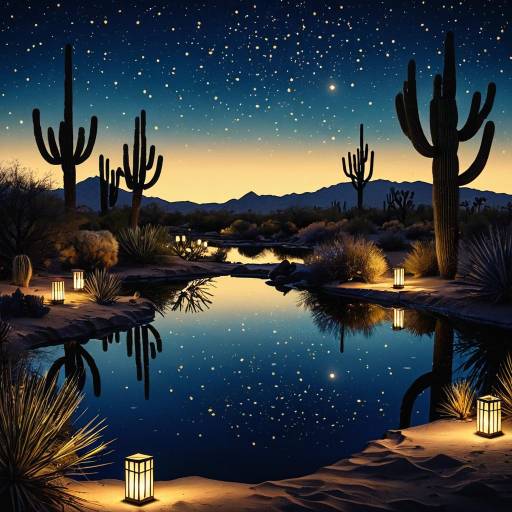 Twilight Desert Oasis with Glowing Lanterns