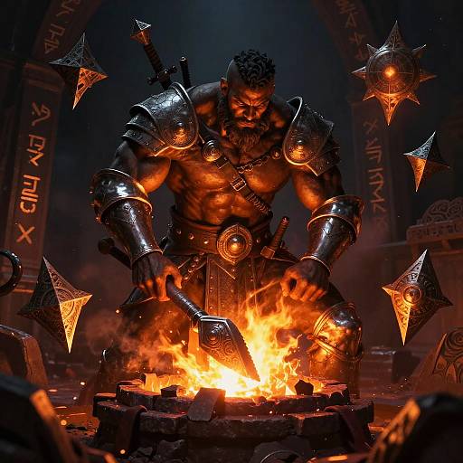 Muscular, bearded warrior with dark skin and armor, standing over fiery forge, hammer in hand, surrounded by glowing star-shaped weapons. Dark,
