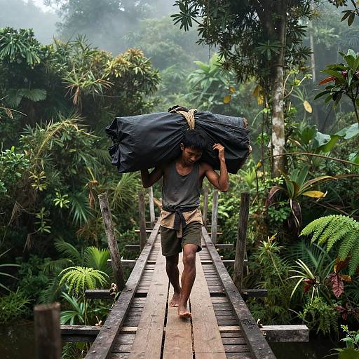 Man Carrying Load on Jungle Bridge
