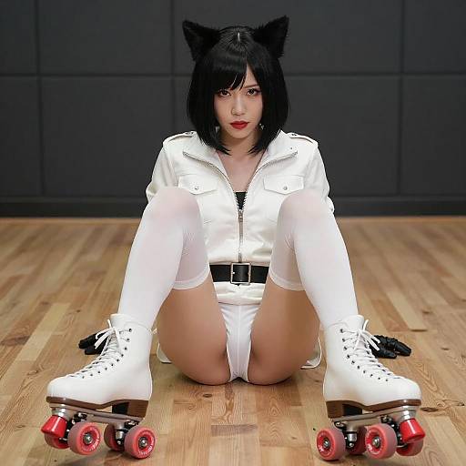 Asian Woman with Cat Ears on Roller Skates