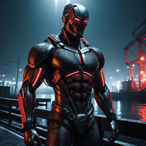 Bronzed Muscular Android at Foggy Industrial Dock