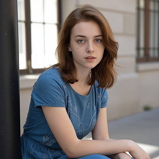 Photograph of a young white woman with fair skin and brown hair, wearing a blue embroidered dress, sitting outdoors against a white building with large windows.