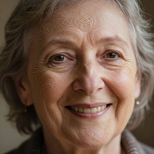 Close-up photograph of an elderly woman with short gray hair, smiling, showing detailed wrinkles, Celtic knot forehead pattern, wearing small pearl earrings.