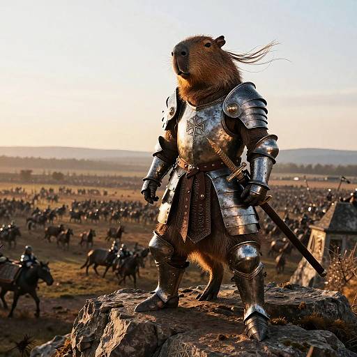 Photograph: A bear in medieval armor stands on a rocky outcrop, holding a sword, with a vast army of armored warriors and horses in the