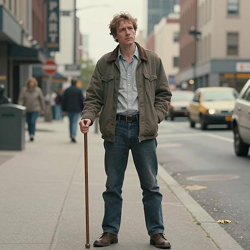 Pensive Man on City Street with Staff