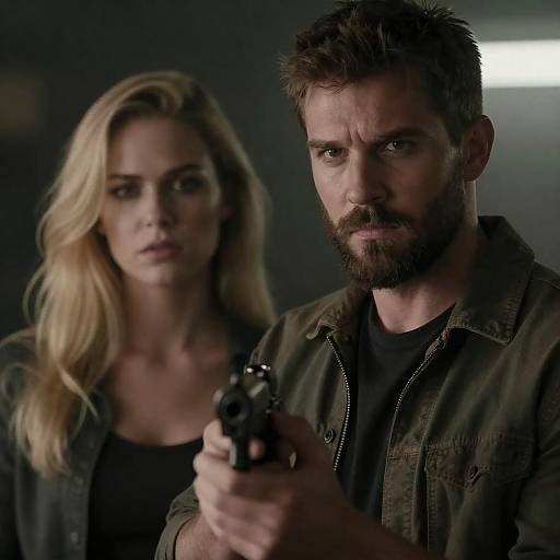 Photograph of a serious bearded man with a gun, standing in front of a blonde woman, both in dark clothing, in a dimly lit