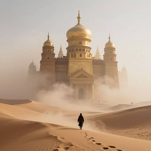 Photograph of a solitary figure in a black cloak walking towards a golden-domed Mughal palace amidst desert sand dunes with misty sunlight.