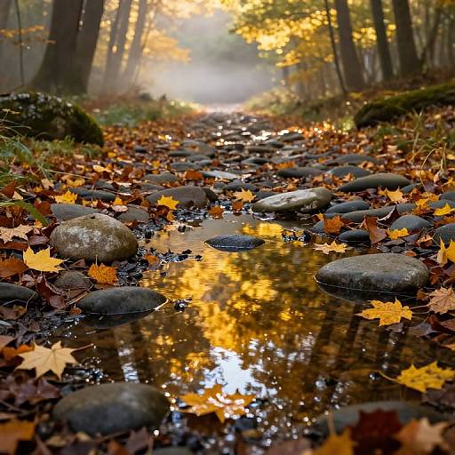 Photograph of a serene autumn forest creek, reflecting golden leaves on a shallow stream, surrounded by fallen leaves and smooth rocks.