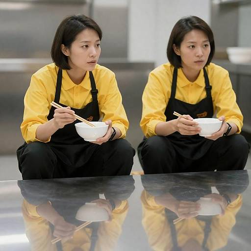 Asian Woman in Yellow Shirt Holding Bowl with Chopsticks