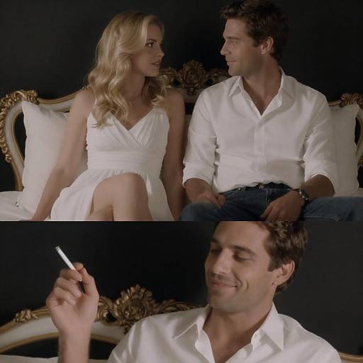 Couple on Ornate Bed with Cigarette