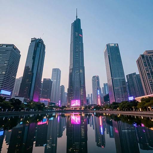 Photograph of a city skyline at dusk, featuring tall skyscrapers with illuminated neon lights, reflected in a calm river.