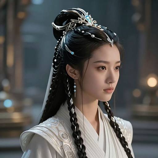 Digital art of an East Asian woman with fair skin, black braided hair, adorned with silver jewelry, wearing a white, intricately patterned robe