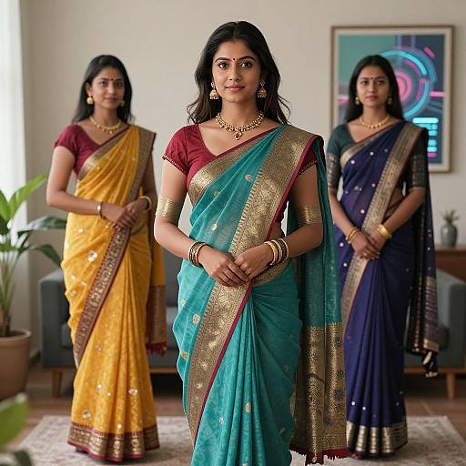 Photograph of three Indian women in traditional sarees; central woman in turquoise with gold border, flanked by women in yellow and navy sarees,