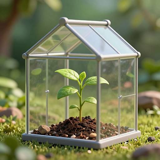Photograph of a small green plant in a clear glass greenhouse on grass, surrounded by soil and blurred green foliage.